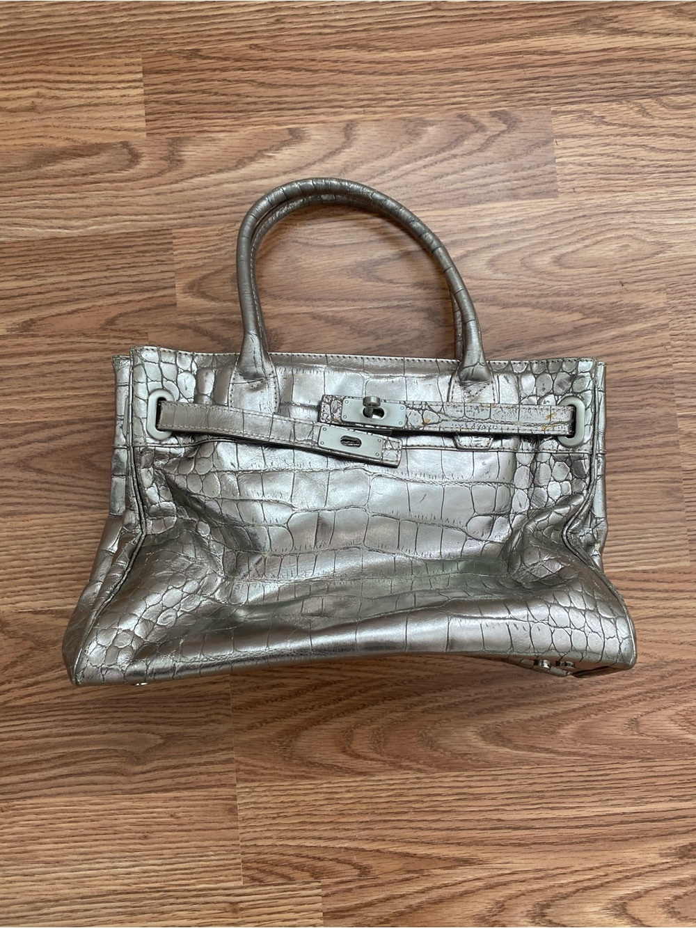 Vintage Donald J. Pliner Silver Croc-Embossed Top-Handle Tote